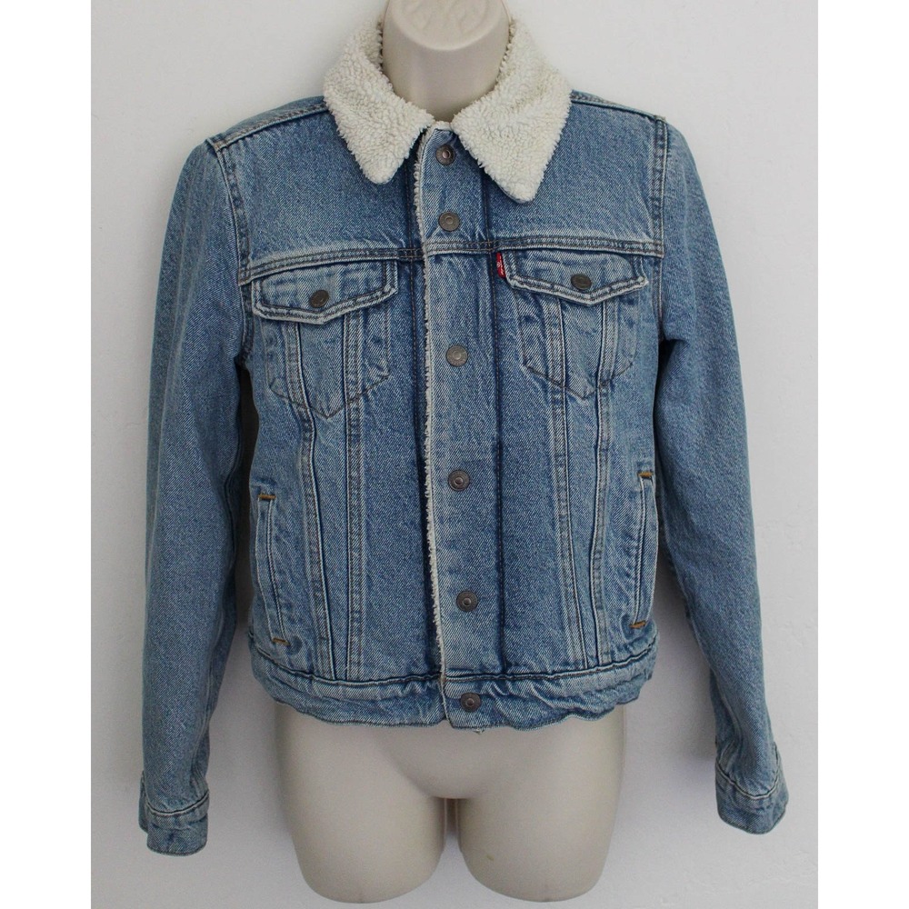 Levi Strauss Sherpa Lined Denim Trucker Jacket Womens XS Light Wash Blue Jean